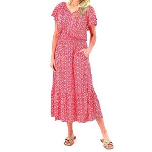 Destination 365 Printed Short-Sleeve Red & White Midi Dress Sz L